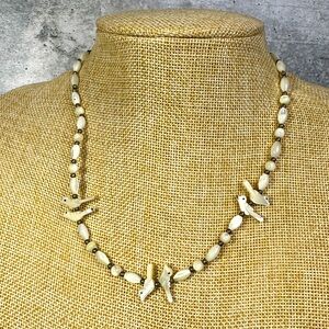Vintage mother of pearl carved birds and beaded necklace